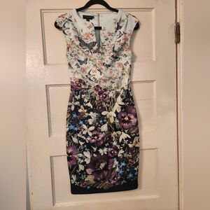Ted Baker Dress Tiha Enchantment Bodycon Midi, Bird, Butterfly Size 4 EUC Floral